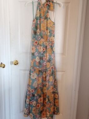 Monteau Floral Halter Maxi Dress in Sage and Yellow